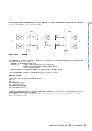 35Low voltage selectivity with ABB circuit-breakers
With reference to the installation indicated in the figure, once the maximum and minimum short-circuit currents in the different points of
the installation are known, it is necessary to:
-	 hypothesize the various significant fault points;
-	 for the first fault: 	 establish which circuit-breakers must isolate the fault;
			 establish which circuit-breakers must be locked and by what;
			 draw the appropriate cabling;
-	 repeat the operation for the subsequent faults in order to determine all the necessary cabling.
Finally, it is necessary to check that the cabling carried out does not create any conflicts.
Application example
The main faults which can be hypothesised are as follows:
fault in B1
fault in B2
fault on the load side of QF4
fault on the load side of QF5
fault on the supply side of QF1
fault on the supply side of QF2
An application example of this selectivity technique is now illustrated. This example also shows which procedure must be used to de-
termine the cabling required between the various releases.
IN
Fw Bw
Fw Bw
OUT
IN
Fw Bw
Fw Bw
OUT
IN
Fw Bw
Fw Bw
OUT
IN
Fw Bw
Fw Bw
OUT
IN
Fw Bw
Fw Bw
OUT
-TM1 -TM2
QF1+ QF2+
QF3+ QF5+QF4+
M
-B2-B1
L
Reference direction
Ekip Hi Touch
Ekip Hi Touch
Ekip Hi Touch
Ekip Hi Touch
Ekip Hi Touch
HowtoobtainselectivitywithABBcircuit-breakers
Note
The QF4 circuit-breaker could be provided with Ekip Touch release since, with a passive load, the short-circuit current may have a single direction and con-
sequently directional protection results to be unnecessary.
The use of Ekip Touch release, with zone selectivity implemented on protection S, guarantees an input and an output, which allow to realise selectivity in the
case of a fault on the load side of QF4.
COVER • INDEX • CONTACT INFO
 