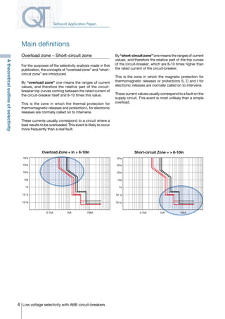 4 Low voltage selectivity with ABB circuit-breakers
Technical Application Papers
Atheoreticaloutlineofselectivity
Overload zone – Short-circuit zone By “short-circuit zone” one means the ranges of current
values, and therefore the relative part of the trip curves
of the circuit-breaker, which are 8-10 times higher than
the rated current of the circuit-breaker.
This is the zone in which the magnetic protection for
thermomagnetic releases or protections S, D and I for
electronic releases are normally called on to intervene.
These current values usually correspond to a fault on the
supply circuit. This event is most unlikely than a simple
overload.
For the purposes of the selectivity analysis made in this
publication, the concepts of “overload zone” and “short-
circuit zone” are introduced.
By “overload zone” one means the ranges of current
values, and therefore the relative part of the circuit-
breaker trip curves coming between the rated current of
the circuit-breaker itself and 8-10 times this value.
This is the zone in which the thermal protection for
thermomagnetic releases and protection L for electronic
releases are normally called on to intervene.
These currents usually correspond to a circuit where a
load results to be overloaded. This event is likely to occur
more frequently than a real fault.
0.1kA 1kA 10kA
104s
103s
102s
10s
1s
10-1s
10-2s
0.1kA 1kA 10kA
104s
103s
102s
10s
1s
10-1s
10-2s
Overload Zone = In ÷ 8-10In Short-circuit Zone = > 8-10In
Main definitions
COVER • INDEX • CONTACT INFO
 