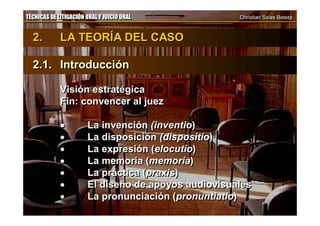 TÉCNICAS DE LITIGACIÓN ORAL Y JUICIO ORAL Christian Salas BetetaTÉCNICAS DE LITIGACIÓN ORAL Y JUICIO ORAL Christian Salas Beteta
2. LA TEORÍA DEL CASO
2.1. Introducción
Visión estratégica
Fin: convencer al juez
 La invención (inventio)
 La disposición (dispositio)
 La expresión (elocutio)
 La memoria (memoria)
 La práctica (praxis)
 El diseño de apoyos audiovisuales
 La pronunciación (pronuntiatio)
2. LA TEORÍA DEL CASO
2.1. Introducción
Visión estratégica
Fin: convencer al juez
 La invención (inventio)
 La disposición (dispositio)
 La expresión (elocutio)
 La memoria (memoria)
 La práctica (praxis)
 El diseño de apoyos audiovisuales
 La pronunciación (pronuntiatio)
 