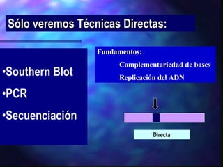 Sólo veremos Técnicas Directas: Southern Blot  PCR Secuenciación Directa Fundamentos:   Complementariedad de bases Replicación del ADN 