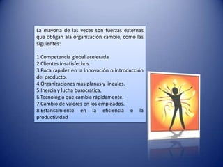 La mayoría de las veces son fuerzas externas
que obligan ala organización cambie, como las
siguientes:

1.Competencia global acelerada
2.Clientes insatisfechos.
3.Poca rapidez en la innovación o introducción
del producto.
4.Organizaciones mas planas y lineales.
5.Inercia y lucha burocrática.
6.Tecnología que cambia rápidamente.
7.Cambio de valores en los empleados.
8.Estancamiento en la eficiencia o la
productividad
 