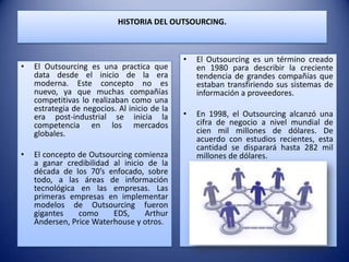 HISTORIA DEL OUTSOURCING.



                                              •   El Outsourcing es un término creado
•   El Outsourcing es una practica que            en 1980 para describir la creciente
    data desde el inicio de la era                tendencia de grandes compañías que
    moderna. Este concepto no es                  estaban transfiriendo sus sistemas de
    nuevo, ya que muchas compañías                información a proveedores.
    competitivas lo realizaban como una
    estrategia de negocios. Al inicio de la
    era post-industrial se inicia la          •   En 1998, el Outsourcing alcanzó una
    competencia en los mercados                   cifra de negocio a nivel mundial de
    globales.                                     cien mil millones de dólares. De
                                                  acuerdo con estudios recientes, esta
                                                  cantidad se disparará hasta 282 mil
•   El concepto de Outsourcing comienza           millones de dólares.
    a ganar credibilidad al inicio de la
    década de los 70’s enfocado, sobre
    todo, a las áreas de información
    tecnológica en las empresas. Las
    primeras empresas en implementar
    modelos de Outsourcing fueron
    gigantes    como     EDS,     Arthur
    Andersen, Price Waterhouse y otros.
 