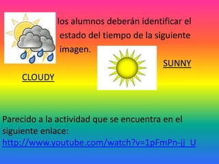 l los alumnos deberán identificar el
             estado del tiempo de la siguiente
             imagen.
                                        SUNNY
    CLOUDY



Parecido a la actividad que se encuentra en el
siguiente enlace:
http://www.youtube.com/watch?v=1pFmPn-jj_U
 