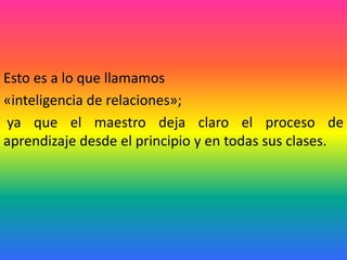 Esto es a lo que llamamos
«inteligencia de relaciones»;
ya que el maestro deja claro el proceso de
aprendizaje desde el principio y en todas sus clases.
 