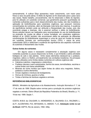 17
semenalmente. A cultivar Elisa apresentou maior crescimento, com maior peso
fresco e seco da parte aérea. O efeito do Agrobio só foi observado para o peso seco
das raízes. Neste trabalho, provavelmente, não foi observado o efeito do Agrobio,
pois foi utilizado um substrato comercial, que geralmente possuem quantidades de
nutrientes suficientes para o bom desenvolvimento das mudas, isto não inviabiliza a
aplicação de biofertilizantes para substratos orgânicos, que possuem menores
concentrações de nutrientes, além de liberação mais lenta dos mesmos. A ausência
de significância também pode ser atribuída a fitossanidade das mudas, pois não
ocorrendo pragas e doenças, não é possível verificar o efeito do biofertilizante.
Novos estudos devem ser realizados para recomendação do uso de biofertilizantes
na produção de mudas de alface e outras hortaliças, em substratos orgânicos.
Aldrighi et al. (2002) também não encontraram efeito da aplicação de diferentes
concentrações do biofertilizante supermagro e urina de vaca em mudas de tomate
em substrato formado por vermicomposto bovino (70%) + casca de arroz
carbonizada (30%) e atribuíram a ausência de significância aos aspectos nutricional
do substrato e fitossanitário das mudas.
Outras fontes de nutrientes
Em alguns casos é necessário complementar a adubação orgânica com
nutrientes ausentes ou pouco disponíveis na fonte, e que limitarão a plena atividade
biológica do solo e das plantas. Entre esses elementos destacam-se o potássio,
magnésio, cálcio e o fósforo, principalmente nas condições brasileiras. Os principais
produtos utilizados como fontes destes nutrientes em cultivos orgânicos são:
• Calcários (calcítico, magnesiano e dolomítico).
• Fosfatos naturais e semi solubiizados, farinha de ossos, termofosfatos, escórias e
outras fontes com baixa solubilidade.
• Minerais de rocha moídos que sejam fontes de cálcio e/ou magnésio, fósforo,
potássio,e outros elementos.
• Cinzas vegetais e resíduos de biodigestores.
• Húmus de minhoca, guanos e turfas.
• Tortas e farinhas de resíduos vegetais e animais.
REFERÊNCIAS BIBLIOGRÁFICAS
BRASIL. Ministério da Agricultura e do Abastecimento. Instrução Normativa nº. 7, de
17 de maio de 1999. Dispõe sobre normas para a produção de produtos orgânicos
vegetais e animais. Diário Oficial (da República Federativa do Brasil), Brasília, p. 11,
19 de mai. 1999. Seção 1.
COSTA, M.B.B. da; CALIGARI, A.; MONDARDO, A.; BULINASI, E.A.; WILDNER, L.
do P.; ALCÂNTARA, P.B.; MIYASAKA, S.; AMADO, T.J.C. Adubação verde no sul
do Brasil. ASPTA, Rio de Janeiro, 1992. 346p.
 
