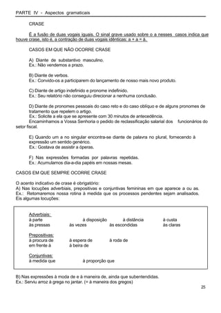 PARTE IV - Aspectos gramaticais
CRASE
É a fusão de duas vogais iguais. O sinal grave usado sobre o a nesses casos indica que
houve crase, isto é, a contração de duas vogais idênticas: a + a = à.
CASOS EM QUE NÃO OCORRE CRASE
A) Diante de substantivo masculino.
Ex.: Não vendemos a prazo.
B) Diante de verbos.
Ex.: Convido-os a participarem do lançamento de nosso mais novo produto.
C) Diante de artigo indefinido e pronome indefinido.
Ex.: Seu relatório não conseguiu direcionar a nenhuma conclusão.
D) Diante de pronomes pessoais do caso reto e do caso oblíquo e de alguns pronomes de
tratamento que repelem o artigo.
Ex.: Solicite a ela que se apresente com 30 minutos de antecedência.
Encaminhamos a Vossa Senhoria o pedido de reclassificação salarial dos funcionários do
setor fiscal.
E) Quando um a no singular encontra-se diante de palavra no plural, fornecendo à
expressão um sentido genérico.
Ex.: Gostava de assistir a óperas.
F) Nas expressões formadas por palavras repetidas.
Ex.: Acumulamos dia-a-dia papéis em nossas mesas.
CASOS EM QUE SEMPRE OCORRE CRASE
O acento indicativo de crase é obrigatório:
A) Nas locuções adverbiais, prepositivas e conjuntivas femininas em que aparece a ou as.
Ex.: Retomaremos nossa rotina à medida que os processos pendentes sejam analisados.
Eis algumas locuções:
Adverbiais:
à parte à disposição à distância à custa
às pressas às vezes às escondidas às claras
Prepositivas:
à procura de à espera de à roda de
em frente à à beira de
Conjuntivas:
à medida que à proporção que
B) Nas expressões à moda de e à maneira de, ainda que subentendidas.
Ex.: Serviu arroz à grega no jantar. (= à maneira dos gregos)
25
 