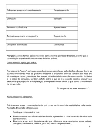 Subscrevemo-nos, mui respeitosamente Respeitosamente
Outrossim Também
Tem essa por finalidade Apresentamos
Temos imenso prazer em sugerir-lhe Sugerimos-lhe
Chegamos à conclusão Concluímos
Atenção! As duas formas estão de acordo com a norma gramatical brasileira, ocorre que a
comunicação empresarial tornou-se mais dinâmica e direta.
Como melhorar a produção textual
Primeiramente “querer” aprimorar os conhecimentos, reconhecer as limitações e buscar dirimir as
dúvidas consultando livros de gramática moderna e dicionários onde os verbetes são ricos em
informações e dados gramaticais. Ler sempre, através da leitura ampliamos o domínio do léxico
e o poder de persuadir, também, refletir sobre o que se lê e quando possível discutir são
exercícios que propiciam a interpretação e compreensão dos textos o que facilita o uso correto
da norma culta.
Só se aprende escrever “escrevendo”!
Narrar, Descrever e Dissertar.
Estruturamos nossa comunicação tanto oral como escrita nas três modalidades redacionais:
Narração, Descrição e Dissertação.
Em síntese podemos dizer que:
Narrar é contar uma história real ou fictícia, apresentando uma sucessão de fatos e de
acontecimentos,
Descrever é um texto literário ou não que utilizamos para caracterizar seres, coisas,
paisagens, sentimentos, modelos, produtos, método de pesquisa etc.,
6
 
