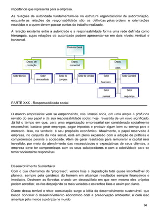 importância que representa para a empresa.
As relações de autoridade fundamentam-se na estrutura organizacional de subordinação,
enquanto as relações de responsabilidade são as definidas pelas ordens e orientações
recebidas e a quem devem passar contas do trabalho realizado.
A relação existente entre a autoridade e a responsabilidade forma uma rede definida como
hierarquia, cujas relações de autoridade podem apresentar-se em dois níveis: vertical e
horizontal.
Diretoria Geral
Depto. de Depto. Depto.
produção comercial
Adm.
Setor técnico Setor Setor de Setor de vendas Setor Setor Contábil
almoxarifado compras
financeiro
Setor Setor
pessoal segurança
PARTE XXX - Responsabilidade social
O mundo empresarial vem se empenhando, nos últimos anos, em uma ampla e profunda
revisão do seu papel e da sua responsabilidade social, hoje, revestida de um novo significado.
Já foi o tempo em que, para uma organização empresarial ser considerada socialmente
responsável, bastava gerar empregos, pagar impostos e produzir algum bem ou serviço para o
mercado. Isso, na verdade, é seu propósito econômico. Atualmente, o papel reservado à
empresa, no conjunto da vida social, está em plena expansão com a adoção de práticas e
compromissos perante a sociedade. Além de gerar resultados para remunerar o capital nela
investido, por meio do atendimento das necessidades e expectativas de seus clientes, a
empresa deve ter compromissos com os seus colaboradores e com a coletividade para se
tornar socialmente responsável.
Desenvolvimento Sustentável
Com o que chamamos de “progresso”, vemos hoje a degradação total quase incontrolável do
planeta, sempre pela ganância do homem em alcançar resultados sempre financeiros e
imediatos. Destroem as florestas criando um desequilíbrio em que nem mesmo eles próprios
podem acreditar, os rios despejando os mais variados e estranhos lixos e assim por diante.
Diante dessa terrível e triste constatação surge a idéia do desenvolvimento sustentável, que
busca conciliar o desenvolvimento econômico com a preservação ambiental, e com isso
amenizar pelo menos a pobreza no mundo.
94
 