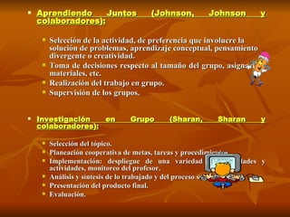 Aprendiendo Juntos (Johnson, Johnson y colaboradores):   Selección de la actividad, de preferencia que involucre la solución de problemas, aprendizaje conceptual, pensamiento divergente o creatividad.  Toma de decisiones respecto al tamaño del grupo, asignación, materiales, etc.  Realización del trabajo en grupo.  Supervisión de los grupos.  Investigación en Grupo (Sharan, Sharan y colaboradores):   Selección del tópico.  Planeación cooperativa de metas, tareas y procedimientos.  Implementación: despliegue de una variedad de habilidades y actividades, monitoreo del profesor.  Análisis y síntesis de lo trabajado y del proceso seguido.  Presentación del producto final.  Evaluación.  