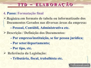 –
TTD E LA B O R A Ç Ã O
–
TTD E LA B O R A Ç Ã O
4. Passo: Formatação final
 Registro em formato de tabela ou informatizado dos
Documentos Gerados nas diversas áreas da empresa:
- Pessoal, Contábil, Administrativa etc.
 Descrição / Definição dos Documentos:
- Por empresa/instituição, se for pessoa jurídica;
- Por setor/departamento;
- Por tipo, etc.
 Referência da Legislação:
- Tributária, fiscal, trabalhista etc.
 