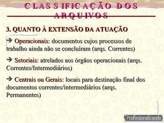 C LA S S IF IC A Ç Ã O D O S
C LA S S IF IC A Ç Ã O D O S
A R Q U IVO S
A R Q U IVO S
3. QUANTO À EXTENSÃO DA ATUAÇÃO
3. QUANTO À EXTENSÃO DA ATUAÇÃO
 Operacionais
Operacionais: documentos cujos processos de
: documentos cujos processos de
trabalho ainda não se concluíram (arqs. Correntes)
trabalho ainda não se concluíram (arqs. Correntes)
 Setoriais
Setoriais: atrelados aos órgãos operacionais (arqs.
: atrelados aos órgãos operacionais (arqs.
Correntes/Intermediários)
Correntes/Intermediários)
 Centrais ou Gerais
Centrais ou Gerais: locais para destinação final dos
: locais para destinação final dos
documentos correntes/intermediários (arqs.
documentos correntes/intermediários (arqs.
Permanentes)
Permanentes)
 