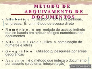 MÉTODO DE ARQUIVAMENTO DE DOCUMENTOS Alfabético:  utilizado p/ nomes de pessoas, empresas.  É  um método de acesso direto Numérico:  é  um  método de acesso indireto que se baseia em atribuir códigos numéricos aos documentos Alfa-numérico:  utiliza  a  combinação de números e letras Geográfico:  utilizado p/ pesquisas por áreas geográficas   Assunto:  é o método que indexa o documento por assunto (problema: interpretação) 