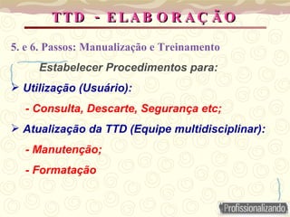 TTD - ELABORAÇÃO 5. e 6. Passos: Manualização e Treinamento Estabelecer Procedimentos para: Utilização (Usuário): - Consulta, Descarte, Segurança etc; Atualização da TTD (Equipe multidisciplinar): - Manutenção; - Formatação   