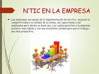 N’TIC EN LA EMPRESA
 Las empresas con ayuda de la implementación de las n’tic mejoran la
competitividad y la calidad de la misma, así capacitando a los
empleados para darles un buen uso. Las cuales permiten a la empresa
producir mas rápido y con una excelente calidad para que el trabajo
sea mas productivo.
 