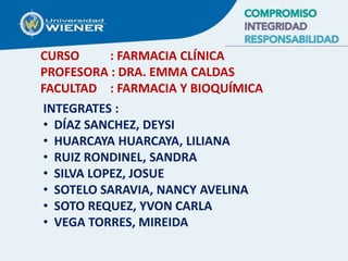 INTEGRATES :
• DÍAZ SANCHEZ, DEYSI
• HUARCAYA HUARCAYA, LILIANA
• RUIZ RONDINEL, SANDRA
• SILVA LOPEZ, JOSUE
• SOTELO SARAVIA, NANCY AVELINA
• SOTO REQUEZ, YVON CARLA
• VEGA TORRES, MIREIDA
CURSO : FARMACIA CLÍNICA
PROFESORA : DRA. EMMA CALDAS
FACULTAD : FARMACIA Y BIOQUÍMICA
 