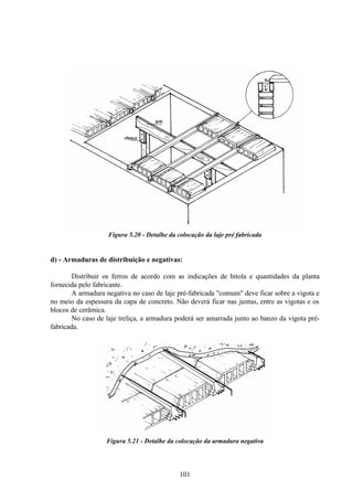 101
Figura 5.20 - Detalhe da colocação da laje pré fabricada
d) - Armaduras de distribuição e negativas:
Distribuir os ferros de acordo com as indicações de bitola e quantidades da planta
fornecida pelo fabricante.
A armadura negativa no caso de laje pré-fabricada "comum" deve ficar sobre a vigota e
no meio da espessura da capa de concreto. Não deverá ficar nas juntas, entre as vigotas e os
blocos de cerâmica.
No caso de laje treliça, a armadura poderá ser amarrada junto ao banzo da vigota pré-
fabricada.
Figura 5.21 - Detalhe da colocação da armadura negativa
 