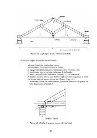 108
Figura 6.2 - Seção típica de uma estrutura de telhado
Em tesouras simples no mínimo devemos saber:
:
- Vãos até 3,00m não precisam de escoras.
- Vãos acima de 8,00m deve-se colocar tirantes.
- O espaçamento ideal para as tesouras deve ficar na ordem de 3,0m.
- O ângulo entre a perna e a linha é chamado de inclinação;
- O ponto é a relação entre a altura da cumeeira e o vão da tesoura.
- A distância máxima entre o local de intersecção dos eixos da perna e da linha
é a face de apoio da tesoura deverá ser ≤ 5,0cm. (Figura 6.3)
- As tesouras devem ser contraventadas, com mãos francesas e diagonais na
linha da cumeeira. (Figura 6.4)
Figura 6.3 - Detalhe do apoio da tesoura sobre o frechal
 