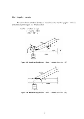 112
6.1.3 - Ligações e emendas
Na construção das estruturas de telhado faz-se necessário executar ligações e emendas,
com encaixes precisos para isso devemos saber:
recorte: - h = altura da peça
- r = recorte, r ≥ 2cm
- 1/8 h ≤ r ≤ 1/4 h
Figura 6.8- Detalhe da ligação entre a linha e a perna (Moliterno, 1992)
Figura 6.9- Detalhe da ligação entre a linha e a perna (Moliterno, 1992)
 