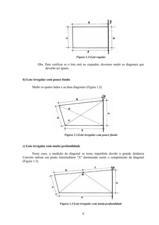 6
Figura 1.1-Lote regular
Obs. Para verificar se o lote está no esquadro, devemos medir as diagonais que
deverão ser iguais.
b) Lote irregular com pouco fundo
Medir os quatro lados e as duas diagonais (Figura 1.2).
Figura 1.2-Lote irregular com pouco fundo
c) Lote irregular com muita profundidade
Neste caso, a medição da diagonal se torna imperfeita devido a grande distância
Convém utilizar um ponto intermediário "A" diminuindo assim o comprimento da diagonal
(Figura 1.3).
Figura 1.3-Lote irregular com muita profundidade
 