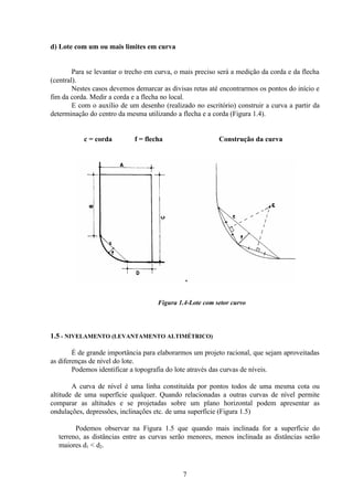 7
d) Lote com um ou mais limites em curva
Para se levantar o trecho em curva, o mais preciso será a medição da corda e da flecha
(central).
Nestes casos devemos demarcar as divisas retas até encontrarmos os pontos do início e
fim da corda. Medir a corda e a flecha no local.
E com o auxílio de um desenho (realizado no escritório) construir a curva a partir da
determinação do centro da mesma utilizando a flecha e a corda (Figura 1.4).
c = corda f = flecha Construção da curva
Figura 1.4-Lote com setor curvo
1.5 - NIVELAMENTO (LEVANTAMENTO ALTIMÉTRICO)
É de grande importância para elaborarmos um projeto racional, que sejam aproveitadas
as diferenças de nível do lote.
Podemos identificar a topografia do lote através das curvas de níveis.
A curva de nível é uma linha constituída por pontos todos de uma mesma cota ou
altitude de uma superfície qualquer. Quando relacionadas a outras curvas de nível permite
comparar as altitudes e se projetadas sobre um plano horizontal podem apresentar as
ondulações, depressões, inclinações etc. de uma superfície (Figura 1.5)
Podemos observar na Figura 1.5 que quando mais inclinada for a superfície do
terreno, as distâncias entre as curvas serão menores, menos inclinada as distâncias serão
maiores d1 < d2.
 
