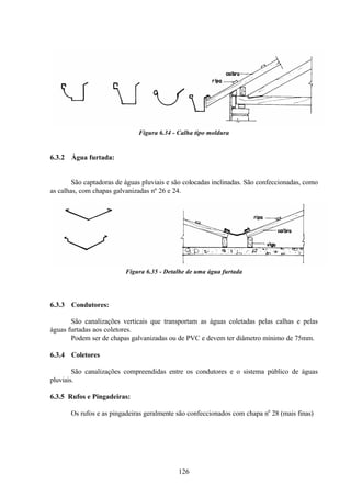 126
Figura 6.34 - Calha tipo moldura
6.3.2 Água furtada:
São captadoras de águas pluviais e são colocadas inclinadas. São confeccionadas, como
as calhas, com chapas galvanizadas nº 26 e 24.
Figura 6.35 - Detalhe de uma água furtada
6.3.3 Condutores:
São canalizações verticais que transportam as águas coletadas pelas calhas e pelas
águas furtadas aos coletores.
Podem ser de chapas galvanizadas ou de PVC e devem ter diâmetro mínimo de 75mm.
6.3.4 Coletores
São canalizações compreendidas entre os condutores e o sistema público de águas
pluviais.
6.3.5 Rufos e Pingadeiras:
Os rufos e as pingadeiras geralmente são confeccionados com chapa no
28 (mais finas)
 