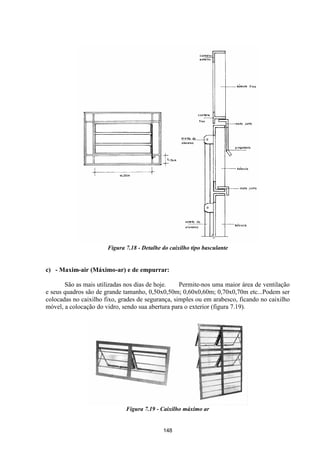 148
Figura 7.18 - Detalhe do caixilho tipo basculante
c) - Maxim-air (Máximo-ar) e de empurrar:
São as mais utilizadas nos dias de hoje. Permite-nos uma maior área de ventilação
e seus quadros são de grande tamanho, 0,50x0,50m; 0,60x0,60m; 0,70x0,70m etc...Podem ser
colocadas no caixilho fixo, grades de segurança, simples ou em arabesco, ficando no caixilho
móvel, a colocação do vidro, sendo sua abertura para o exterior (figura 7.19).
Figura 7.19 - Caixilho máximo ar
 
