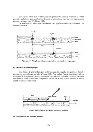 174
Essa fixação é feita para as tábuas, que são aparafusadas com dois parafusos de 50 a 50
cm sobre caibros ou ganzepes(barrote) fixados no concreto da base ou com argamassa de
cimento e areia no traço 1:3 (Figura 8.12).
Os parafusos são rebaixados e recobertos com a própria madeira (cavilhas) ou com
massa de calafetar.
Figura 8.12 - Fixação das tábuas com parafusos sobre caibros ou ganzepes
d) - Fixação utilizando pregos:
Essa fixação é feita também para as tábuas, que são pregadas nos ganzepes (barrote)
com pregos retorcidos ou anelados (Figura 8.13). Para melhor fixação das tábuas, sobre a
argamassa de fixação dos ganzepes (barrote) é colocado cola de madeira e no encaixe entre
uma tábua e outra. Neste caso a argamassa deverá ter o traço 1:3 de cimento e areia e
superfície alisada com a colher
Figura 8.13 - Fixação das tábuas por pregos anelados
e) Acabamento dos pisos de madeira
ganzepes
 