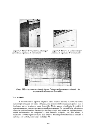 203
Figura9.8 - Fissura do revestimento externo por Figura9.9 - Fissuras do revestimento por
expansão da argamassa de assentamento expansão da argamassa de assentamento
Figura 9.10 - Aspecto do revestimento interno. Notam-se as fissuras do revestimento e da
argamassa de rejuntamento dos azulejos.
9.2. REPAROS
A possibilidade de reparo é função do tipo e extensão do dano existente. Os danos
nem sempre aparecem em toda a edificação, mas comumente localizados em pontos onde o
fenômeno que os originou é mais favorecido. Nestes casos, a tendência do usuário é
executar pequenos reparos, sem a preocupação com a causa. Em conseqüência, o fenômeno
alastra-se progressivamente, às vezes por um largo tempo, solicitando um reparo constante,
talvez antieconômico se comparado a uma execução completa. Por isso mesmo, é
necessária a identificação das causas e da extensão do dano para melhor decidir-se sobre a
solução a ser adotada, como segue na Tabela 9.1.
 