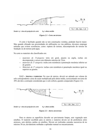 16
Vc = Ab . hm . 1,4
Sendo Ab = área de projeção do corte hm= altura média
Figura 2.1 - Corte em terreno
O corte é facilitado quando não se tem construções vizinhas, podendo faze-lo maior.
Mas quando efetuado nas proximidades de edificações ou vias públicas, devemos empregar
métodos que evitem ocorrências, como: ruptura do terreno, descompressão do terreno de
fundação ou do terreno pela água.
No corte os materiais são classificados em:
- materiais de 1ªcategoria: terra em geral, piçarra ou argila, rochas em
decomposição e seixos com diâmetro máximo de 15cm.
- materiais de 2ª categoria: rocha com resistência à penetração mecânica inferior ao
do granito.
- Materiais de 3ª categoria: rochas com resistência à penetração mecânica igual ou
superior ao granito.
2.1.2 - Aterros e reaterros: No caso de aterros, deverá ser adotado um volume de
solo correspondente a área da seção multiplicada pela altura média, acrescentando em torno de
30% devido a contração considerada que o solo sofrerá, quando compactado (Figura 2.2).
Va = Ab . hm . 1,3
Sendo Ab = área de projeção do corte hm= altura média
Figura 2.2 - Aterro em terreno
Para os aterros as superfícies deverão ser previamente limpas, sem vegetação nem
entulhos. O material escolhido para os aterros e reaterros devem ser de preferência solos
arenosos, sem detritos, pedras ou entulhos. Devem ser realizadas camadas sucessivas de no
máximo 30 cm, devidamente molhadas e apiloadas manual ou mecanicamente.
 
