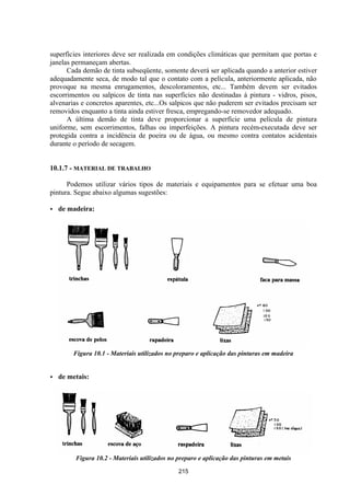 215
superfícies interiores deve ser realizada em condições climáticas que permitam que portas e
janelas permaneçam abertas.
Cada demão de tinta subseqüente, somente deverá ser aplicada quando a anterior estiver
adequadamente seca, de modo tal que o contato com a película, anteriormente aplicada, não
provoque na mesma enrugamentos, descoloramentos, etc... Também devem ser evitados
escorrimentos ou salpicos de tinta nas superfícies não destinadas à pintura - vidros, pisos,
alvenarias e concretos aparentes, etc...Os salpicos que não puderem ser evitados precisam ser
removidos enquanto a tinta ainda estiver fresca, empregando-se removedor adequado.
A última demão de tinta deve proporcionar a superfície uma película de pintura
uniforme, sem escorrimentos, falhas ou imperfeições. A pintura recém-executada deve ser
protegida contra a incidência de poeira ou de água, ou mesmo contra contatos acidentais
durante o período de secagem.
10.1.7 - MATERIAL DE TRABALHO
Podemos utilizar vários tipos de materiais e equipamentos para se efetuar uma boa
pintura. Segue abaixo algumas sugestões:
• de madeira:
Figura 10.1 - Materiais utilizados no preparo e aplicação das pinturas em madeira
• de metais:
Figura 10.2 - Materiais utilizados no preparo e aplicação das pinturas em metais
 
