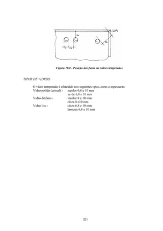 221
Figura 10.8 - Posição dos furos em vidros temperados
TIPOS DE VIDROS:
O vidro temperado é oferecido nos seguintes tipos, cores e espessuras:
Vidro polido (cristal) - incolor 0,8 e 10 mm
verde 6,8 e 10 mm
Vidro diáfano - incolor 8 e 10 mm
cinza 8 e10 mm
Vidro liso - cinza 6,8 e 10 mm
bronzes 6,8 e 10 mm
 