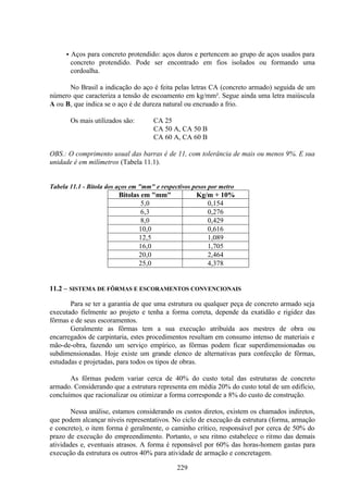 229
• Aços para concreto protendido: aços duros e pertencem ao grupo de aços usados para
concreto protendido. Pode ser encontrado em fios isolados ou formando uma
cordoalha.
No Brasil a indicação do aço é feita pelas letras CA (concreto armado) seguida de um
número que caracteriza a tensão de escoamento em kg/mm². Segue ainda uma letra maiúscula
A ou B, que indica se o aço é de dureza natural ou encruado a frio.
Os mais utilizados são: CA 25
CA 50 A, CA 50 B
CA 60 A, CA 60 B
OBS.: O comprimento usual das barras é de 11, com tolerância de mais ou menos 9%. E sua
unidade é em milímetros (Tabela 11.1).
Tabela 11.1 - Bitola dos aços em "mm" e respectivos pesos por metro
Bitolas em "mm" Kg/m + 10%
5,0 0,154
6,3 0,276
8,0 0,429
10,0 0,616
12,5 1,089
16,0 1,705
20,0 2,464
25,0 4,378
11.2 – SISTEMA DE FÔRMAS E ESCORAMENTOS CONVENCIONAIS
Para se ter a garantia de que uma estrutura ou qualquer peça de concreto armado seja
executado fielmente ao projeto e tenha a forma correta, depende da exatidão e rigidez das
fôrmas e de seus escoramentos.
Geralmente as fôrmas tem a sua execução atribuída aos mestres de obra ou
encarregados de carpintaria, estes procedimentos resultam em consumo intenso de materiais e
mão-de-obra, fazendo um serviço empírico, as fôrmas podem ficar superdimensionadas ou
subdimensionadas. Hoje existe um grande elenco de alternativas para confecção de fôrmas,
estudadas e projetadas, para todos os tipos de obras.
As fôrmas podem variar cerca de 40% do custo total das estruturas de concreto
armado. Considerando que a estrutura representa em média 20% do custo total de um edifício,
concluímos que racionalizar ou otimizar a forma corresponde a 8% do custo de construção.
Nessa análise, estamos considerando os custos diretos, existem os chamados indiretos,
que podem alcançar níveis representativos. No ciclo de execução da estrutura (forma, armação
e concreto), o item forma é geralmente, o caminho crítico, responsável por cerca de 50% do
prazo de execução do empreendimento. Portanto, o seu ritmo estabelece o ritmo das demais
atividades e, eventuais atrasos. A forma é reponsável por 60% das horas-homem gastas para
execução da estrutura os outros 40% para atividade de armação e concretagem.
 