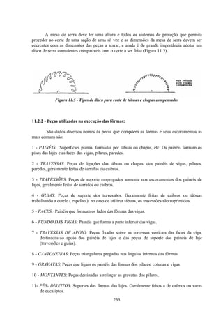 233
A mesa de serra deve ter uma altura e todos os sistemas de proteção que permita
proceder ao corte de uma seção de uma só vez e as dimensões da mesa de serra devem ser
coerentes com as dimensões das peças a serrar, e ainda é de grande importância adotar um
disco de serra com dentes compatíveis com o corte a ser feito (Figura 11.5).
Figura 11.5 - Tipos de disco para corte de tábuas e chapas compensadas
11.2.2 - Peças utilizadas na execução das fôrmas:
São dados diversos nomes às peças que compõem as fôrmas e seus escoramentos as
mais comuns são:
1 - PAINÉIS: Superfícies planas, formadas por tábuas ou chapas, etc. Os painéis formam os
pisos das lajes e as faces das vigas, pilares, paredes.
2 - TRAVESSAS: Peças de ligações das tábuas ou chapas, dos painéis de vigas, pilares,
paredes, geralmente feitas de sarrafos ou caibros.
3 - TRAVESSÕES: Peças de suporte empregados somente nos escoramentos dos painéis de
lajes, geralmente feitas de sarrafos ou caibros.
4 - GUIAS: Peças de suporte dos travessões. Geralmente feitas de caibros ou tábuas
trabalhando a cutelo ( espelho ), no caso de utilizar tábuas, os travessões são suprimidos.
5 - FACES: Painéis que formam os lados das fôrmas das vigas.
6 - FUNDO DAS VIGAS: Painéis que forma a parte inferior das vigas.
7 - TRAVESSAS DE APOIO: Peças fixadas sobre as travessas verticais das faces da viga,
destinadas ao apoio dos painéis de lajes e das peças de suporte dos painéis de laje
(travessões e guias).
8 - CANTONEIRAS: Peças triangulares pregadas nos ângulos internos das fôrmas.
9 - GRAVATAS: Peças que ligam os painéis das formas dos pilares, colunas e vigas.
10 - MONTANTES: Peças destinadas a reforçar as gravatas dos pilares.
11- PÉS- DIREITOS: Suportes das fôrmas das lajes. Geralmente feitos a de caibros ou varas
de eucaliptos.
 