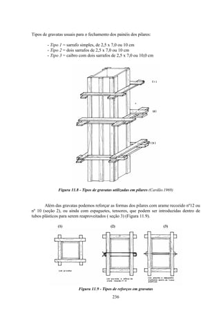 236
Tipos de gravatas usuais para o fechamento dos painéis dos pilares:
- Tipo 1 = sarrafo simples, de 2,5 x 7,0 ou 10 cm
- Tipo 2 = dois sarrafos de 2,5 x 7,0 ou 10 cm
- Tipo 3 = caibro com dois sarrafos de 2,5 x 7,0 ou 10,0 cm
Figura 11.8 - Tipos de gravatas utilizadas em pilares (Cardão.1969)
Além das gravatas podemos reforçar as formas dos pilares com arame recozido nº12 ou
nº 10 (seção 2), ou ainda com espaguetes, tensores, que podem ser introduzidas dentro de
tubos plásticos para serem reaproveitados ( seção 3) (Figura 11.9).
(1) (2) (3)
Figura 11.9 - Tipos de reforços em gravatas
 