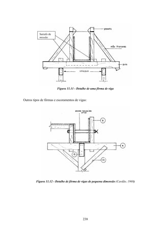 238
Figura 11.11 - Detalhe de uma fôrma de viga
Outros tipos de fôrmas e escoramentos de vigas:
Figura 11.12 - Detalhe de fôrma de vigas de pequena dimensão (Cardão, 1969)
Sarrafo de
pressão
 
