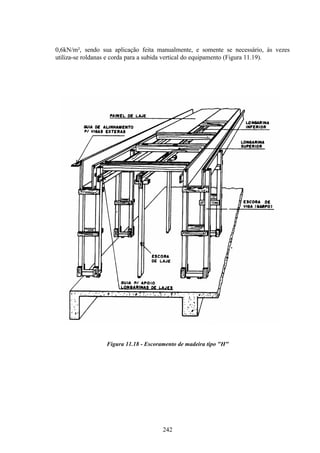 242
0,6kN/m², sendo sua aplicação feita manualmente, e somente se necessário, às vezes
utiliza-se roldanas e corda para a subida vertical do equipamento (Figura 11.19).
Figura 11.18 - Escoramento de madeira tipo "H"
 