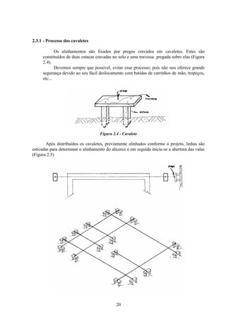 20
2.3.1 - Processo dos cavaletes
Os alinhamentos são fixados por pregos cravados em cavaletes. Estes são
constituídos de duas estacas cravadas no solo e uma travessa pregada sobre elas (Figura
2.4).
Devemos sempre que possível, evitar esse processo, pois não nos oferece grande
segurança devido ao seu fácil deslocamento com batidas de carrinhos de mão, tropeços,
etc...
Figura 2.4 - Cavalete
Após distribuídos os cavaletes, previamente alinhados conforme o projeto, linhas são
esticadas para determinar o alinhamento do alicerce e em seguida inicia-se a abertura das valas
(Figura 2.5)
 
