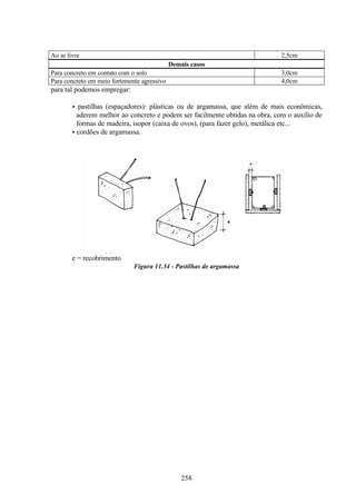 258
Ao ar livre 2,5cm
Demais casos
Para concreto em contato com o solo 3,0cm
Para concreto em meio fortemente agressivo 4,0cm
para tal podemos empregar:
• pastilhas (espaçadores): plásticas ou de argamassa, que além de mais econômicas,
aderem melhor ao concreto e podem ser facilmente obtidas na obra, com o auxílio de
formas de madeira, isopor (caixa de ovos), (para fazer gelo), metálica etc...
• cordões de argamassa.
e = recobrimento
Figura 11.34 - Pastilhas de argamassa
 