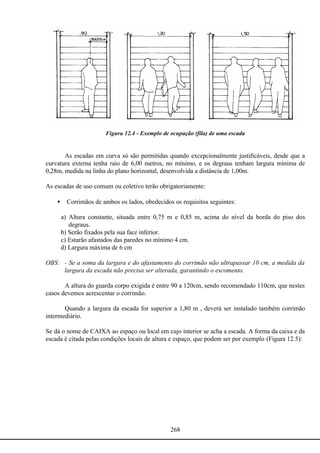 268
Figura 12.4 - Exemplo de ocupação (fila) de uma escada
As escadas em curva só são permitidas quando excepcionalmente justificáveis, desde que a
curvatura externa tenha raio de 6,00 metros, no mínimo, e os degraus tenham largura mínima de
0,28m, medida na linha do plano horizontal, desenvolvida a distância de 1,00m.
As escadas de uso comum ou coletivo terão obrigatoriamente:
• Corrimãos de ambos os lados, obedecidos os requisitos seguintes:
a) Altura constante, situada entre 0,75 m e 0,85 m, acima do nível da borda do piso dos
degraus.
b) Serão fixados pela sua face inferior.
c) Estarão afastados das paredes no mínimo 4 cm.
d) Largura máxima de 6 cm
OBS: - Se a soma da largura e do afastamento do corrimão não ultrapassar 10 cm, a medida da
largura da escada não precisa ser alterada, garantindo o escomento.
A altura do guarda corpo exigida é entre 90 a 120cm, sendo recomendado 110cm, que nestes
casos devemos acrescentar o corrimão.
Quando a largura da escada for superior a 1,80 m , deverá ser instalado também corrimão
intermediário.
Se dá o nome de CAIXA ao espaço ou local em cujo interior se acha a escada. A forma da caixa e da
escada é citada pelas condições locais de altura e espaço, que podem ser por exemplo (Figura 12.5):
 
