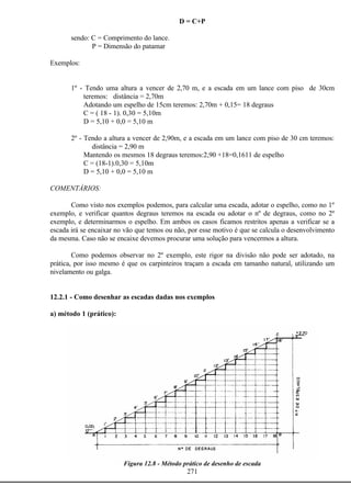 271
D = C+P
sendo: C = Comprimento do lance.
P = Dimensão do patamar
Exemplos:
1º - Tendo uma altura a vencer de 2,70 m, e a escada em um lance com piso de 30cm
teremos: distância = 2,70m
Adotando um espelho de 15cm teremos: 2,70m + 0,15= 18 degraus
C = ( 18 - 1). 0,30 = 5,10m
D = 5,10 + 0,0 = 5,10 m
2º - Tendo a altura a vencer de 2,90m, e a escada em um lance com piso de 30 cm teremos:
distância = 2,90 m
Mantendo os mesmos 18 degraus teremos:2,90 +18=0,1611 de espelho
C = (18-1).0,30 = 5,10m
D = 5,10 + 0,0 = 5,10 m
COMENTÁRIOS:
Como visto nos exemplos podemos, para calcular uma escada, adotar o espelho, como no 1º
exemplo, e verificar quantos degraus teremos na escada ou adotar o nº de degraus, como no 2º
exemplo, e determinarmos o espelho. Em ambos os casos ficamos restritos apenas a verificar se a
escada irá se encaixar no vão que temos ou não, por esse motivo é que se calcula o desenvolvimento
da mesma. Caso não se encaixe devemos procurar uma solução para vencermos a altura.
Como podemos observar no 2º exemplo, este rigor na divisão não pode ser adotado, na
prática, por isso mesmo é que os carpinteiros traçam a escada em tamanho natural, utilizando um
nivelamento ou galga.
12.2.1 - Como desenhar as escadas dadas nos exemplos
a) método 1 (prático):
Figura 12.8 - Método prático de desenho de escada
 