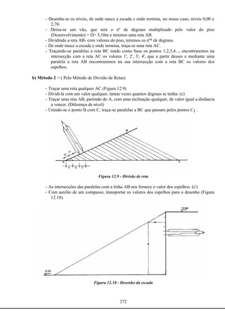272
- Desenha-se os níveis, de onde nasce a escada e onde termina, no nosso caso, níveis 0,00 e
2,70.
- Deixa-se um vão, que terá o nº de degraus multiplicado pelo valor do piso
(Desenvolvimento) = D= 5,10m e teremos uma reta AB.
- Dividindo a reta AB- com valores do piso, teremos os nºs de degraus.
- De onde nasce a escada e onde termina, traça-se uma reta AC.
- Traçando-se paralelas a reta BC tendo como base os pontos 1,2,3,4..., encontraremos na
intersecção com a reta AC os valores 1', 2', 3', 4', que a partir desses e mediante uma
paralela a reta AB encontraremos na sua intersecção com a reta BC os valores dos
espelhos.
b) Método 2 = ( Pelo Método de Divisão de Retas)
- Traçar uma reta qualquer AC (Figura 12.9)
- Dividi-la com um valor qualquer, tantas vezes quantos degraus se tenha: (c)
- Traçar uma reta AB, partindo do A, com uma inclinação qualquer, de valor igual a distância
a vencer. (Diferença de nível)
- Unindo-se o ponto B com C, traça-se paralelas a BC que passam pelos pontos C1 .
Figura 12.9 - Divisão de reta
- As intersecções das paralelas com a linha AB nos fornece o valor dos espelhos. (c')
- Com auxílio de um compasso, transportar os valores dos espelhos para o desenho (Figura
12.10).
Figura 12.10 - Desenho da escada
 