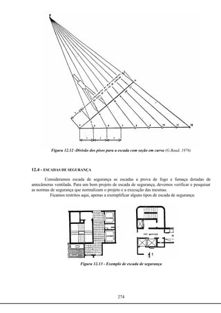 274
Figura 12.12 -Divisão dos pisos para a escada com seção em curva (G.Baud, 1976)
12.4 - ESCADAS DE SEGURANÇA
Consideramos escada de segurança as escadas a prova de fogo e fumaça dotadas de
antecâmeras ventilada. Para um bom projeto de escada de segurança, devemos verificar e pesquisar
as normas de segurança que normalizam o projeto e a execução das mesmas.
Ficamos restritos aqui, apenas a exemplificar alguns tipos de escada de segurança:
Figura 12.13 - Exemplo de escada de segurança
 
