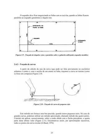 23
O esquadro deve ficar tangenciando as linhas sem as tocá-las, quando as linhas ficarem
paralelas ao esquadro garantimos o ângulo reto.
Figura 2.9 - Traçado de ângulos retos e paralelas sobre o gabarito utilizando esquadro metálico
2.4.2 - Traçado de curvas
A partir do cálculo do raio da curva (que pode ser feito previamente no escritório)
achamos o centro e, com o auxílio de um arame ou linha, traçamos a curva no terreno (como
se fosse um compasso) Figura 2.10.
Figura 2.10 - Traçado de curva de pequeno raio
Este método nos fornece uma boa precisão, quando temos pequenos raios. No caso de
grandes curvas, podemos utilizar um método aproximado, chamado método das quatro partes.
Consiste em aplicar, sucessivamente, sobre a corda obtida com a flecha precedente, a quarta
parte deste último valor (Figura 2.11). Encontram-se assim, por aproximações sucessivas,
todos os pontos da curva circular (G.Baud, 1976)
 