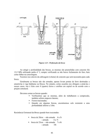 46
Figura 3.21 - Perfuração da broca
Ao atingir a profundidade das brocas, as mesmas são preenchidas com concreto fck
13,5 MPa utilizando pedra nº 2, sempre verificando se não houve fechamento do furo, bem
como falhas na concretagem.
Fazemos isso através da cubicagem (volume) de concreto que será necessária para cada
broca.
Geralmente as brocas não são armadas, apenas levam pontas de ferro destinadas a
amarrá-las à viga baldrame ou blocos. No entanto, certas ocasiões nos obrigam a armá-las e
nesses casos, isto é feito com 4 (quatro) ferros e estribos em espiral ou de acordo com o
projeto estrutural.
Devemos armar as brocas quando:
• Verificarmos que as mesmas, além de trabalharem a compressão,
também sofrem empuxos laterais;
• Forem tracionadas;
• Quando em algumas brocas, encontrarmos solo resistente a uma
profundidade inferior a 3,0m.
Resistência Estrutural da Broca quando bem executadas:
• broca de 20cm: - não armada ≅ 4 a 5t
- armada ≅ 6 a 7t
• broca de 25cm: - não armada ≅ 7 a 8t
- armada ≅ 10t
 