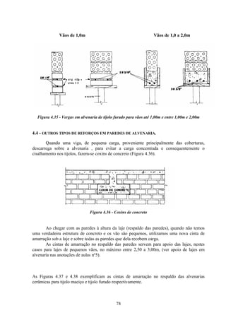 78
Vãos de 1,0m Vãos de 1,0 a 2,0m
Figura 4.35 - Vergas em alvenaria de tijolo furado para vãos até 1,00m e entre 1,00m e 2,00m
4.4 - OUTROS TIPOS DE REFORÇOS EM PAREDES DE ALVENARIA.
Quando uma viga, de pequena carga, proveniente principalmente das coberturas,
descarrega sobre a alvenaria , para evitar a carga concentrada e consequentemente o
cisalhamento nos tijolos, fazem-se coxins de concreto (Figura 4.36).
Figura 4.36 - Coxins de concreto
Ao chegar com as paredes à altura da laje (respaldo das paredes), quando não temos
uma verdadeira estrutura de concreto e os vão são pequenos, utilizamos uma nova cinta de
amarração sob a laje e sobre todas as paredes que dela recebem carga.
As cintas de amarração no respaldo das paredes servem para apoio das lajes, nestes
casos para lajes de pequenos vãos, no máximo entre 2,50 a 3,00m, (ver apoio de lajes em
alvenaria nas anotações de aulas nº5).
As Figuras 4.37 e 4.38 exemplificam as cintas de amarração no respaldo das alvenarias
cerâmicas para tijolo maciço e tijolo furado respectivamente.
 