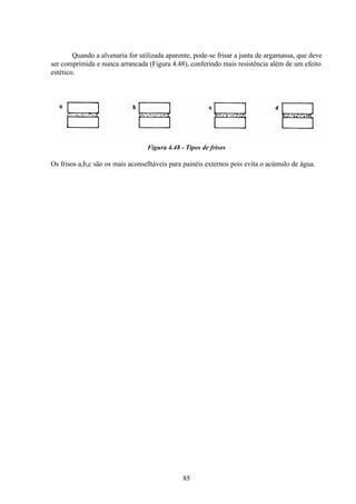 85
Quando a alvenaria for utilizada aparente, pode-se frisar a junta de argamassa, que deve
ser comprimida e nunca arrancada (Figura 4.48), conferindo mais resistência além de um efeito
estético.
Figura 4.48 - Tipos de frisos
Os frisos a,b,c são os mais aconselháveis para painéis externos pois evita o acúmulo de água.
 