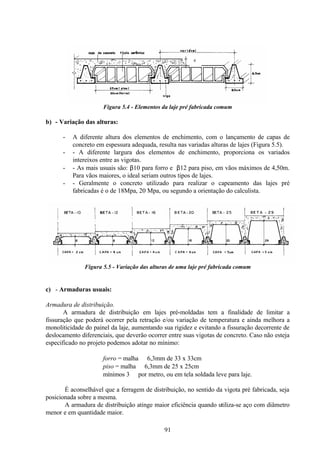 91
Figura 5.4 - Elementos da laje pré fabricada comum
b) - Variação das alturas:
- A diferente altura dos elementos de enchimento, com o lançamento de capas de
concreto em espessura adequada, resulta nas variadas alturas de lajes (Figura 5.5).
- - A diferente largura dos elementos de enchimento, proporciona os variados
intereixos entre as vigotas.
- - As mais usuais são: β10 para forro e β12 para piso, em vãos máximos de 4,50m.
Para vãos maiores, o ideal seriam outros tipos de lajes.
- - Geralmente o concreto utilizado para realizar o capeamento das lajes pré
fabricadas é o de 18Mpa, 20 Mpa, ou segundo a orientação do calculista.
Figura 5.5 - Variação das alturas de uma laje pré fabricada comum
c) - Armaduras usuais:
Armadura de distribuição.
A armadura de distribuição em lajes pré-moldadas tem a finalidade de limitar a
fissuração que poderá ocorrer pela retração e/ou variação de temperatura e ainda melhora a
monoliticidade do painel da laje, aumentando sua rigidez e evitando a fissuração decorrente de
deslocamento diferenciais, que deverão ocorrer entre suas vigotas de concreto. Caso não esteja
especificado no projeto podemos adotar no mínimo:
forro = malha ∅ 6,3mm de 33 x 33cm
piso = malha ∅ 6,3mm de 25 x 25cm
mínimos 3 ∅ por metro, ou em tela soldada leve para laje.
É aconselhável que a ferragem de distribuição, no sentido da vigota pré fabricada, seja
posicionada sobre a mesma.
A armadura de distribuição atinge maior eficiência quando utiliza-se aço com diâmetro
menor e em quantidade maior.
e
 