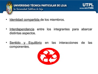 Identidad compartida  de los miembros. Interdependencia  entre los integrantes para abarcar distintas aspectos. Sentido y Equilibrio  en las interacciones de las componentes.  