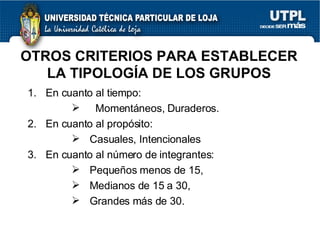 OTROS CRITERIOS PARA ESTABLECER LA TIPOLOGÍA DE LOS GRUPOS En cuanto al tiempo: Momentáneos, Duraderos. En cuanto al propósito: Casuales, Intencionales En cuanto al número de integrantes: Pequeños menos de 15,  Medianos de 15 a 30,  Grandes más de 30. 
