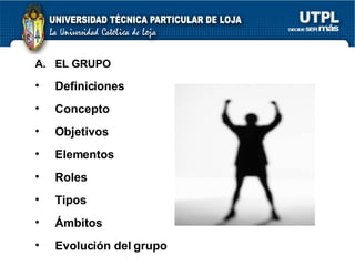 EL GRUPO Definiciones Concepto Objetivos Elementos Roles Tipos Ámbitos Evolución del grupo 